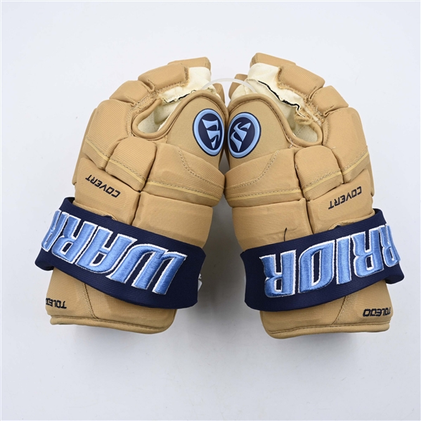 Josh Nodler - Toledo Walleye - Game-Worn Cream, Warrior Covert Gloves - 2025 Warrior/ECHL Hockey Heritage Classic - Worn January 18, 2025 - Autographed