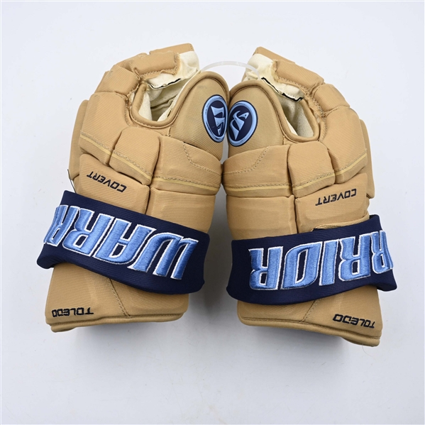 Sam Craggs - Toledo Walleye - Game-Worn Cream, Warrior Covert Gloves - 2025 Warrior/ECHL Hockey Heritage Classic - Worn January 18, 2025 - Autographed