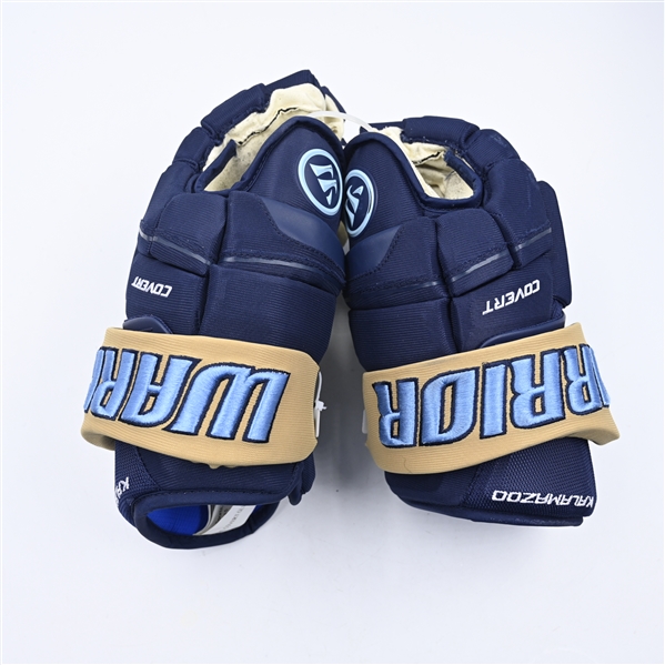 Theo Calvas - Kalamazoo Wings - Game-Worn Navy, Warrior Covert Gloves - 2025 Warrior/ECHL Hockey Heritage Classic - Worn January 18, 2025 - Autographed