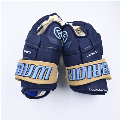 Theo Calvas - Kalamazoo Wings - Game-Worn Navy, Warrior Covert Gloves - 2025 Warrior/ECHL Hockey Heritage Classic - Worn January 18, 2025 - Autographed