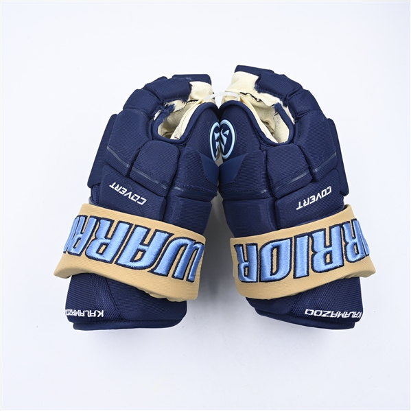 Max Humitz - Kalamazoo Wings - Game-Worn Navy, Warrior Covert Gloves - 2025 Warrior/ECHL Hockey Heritage Classic - Worn January 18, 2025 - Autographed