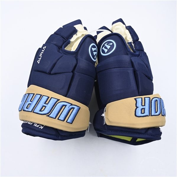 Zach Okabe - Kalamazoo Wings - Game-Worn Navy, Warrior Covert Gloves - 2025 Warrior/ECHL Hockey Heritage Classic - Worn January 18, 2025 - Autographed