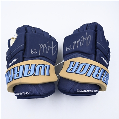 Davis Codd - Kalamazoo Wings - Game-Worn Navy, Warrior Covert Gloves - 2025 Warrior/ECHL Hockey Heritage Classic - Worn January 18, 2025 - Autographed