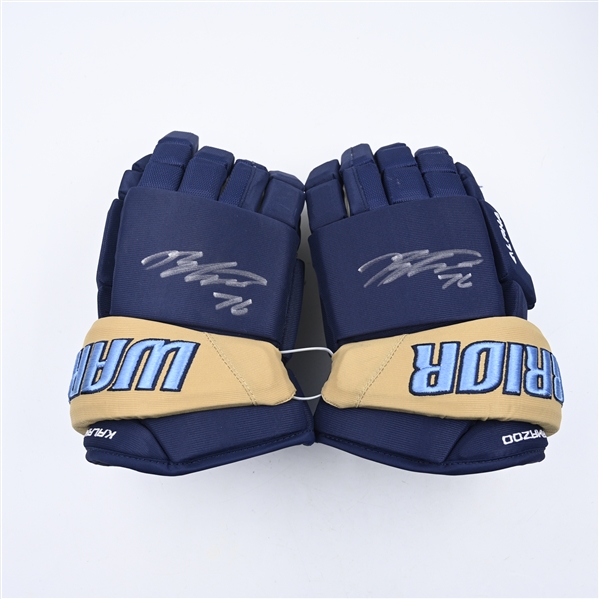 Josh Bloom - Kalamazoo Wings - Game-Worn Navy, Warrior Covert Gloves - 2025 Warrior/ECHL Hockey Heritage Classic - Worn January 18, 2025 - Autographed