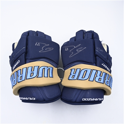 Ben Berard - Kalamazoo Wings - Game-Worn Navy, Warrior Covert Gloves - 2025 Warrior/ECHL Hockey Heritage Classic - Worn January 18, 2025 - Autographed