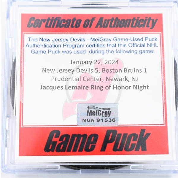  Game Puck - January 22, 2024 vs. Boston Bruins (Devils Logo) - Jacques Lemaire Ring of Honor Night