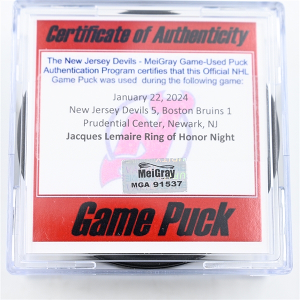  Game Puck - January 22, 2024 vs. Boston Bruins (Devils Logo) - Jacques Lemaire Ring of Honor Night