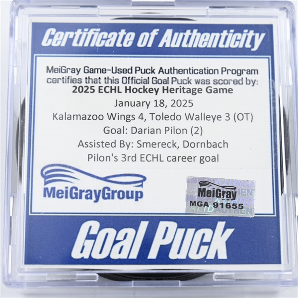 Darian Pilon - Kalamazoo Wings - Goal Puck - 2025 Warrior/ECHL Hockey Heritage Classic - January 18, 2025 vs. Toledo Walleye (2025 Heritage Classic Logo)