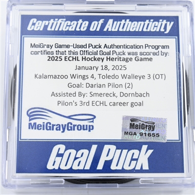 Darian Pilon - Kalamazoo Wings - Goal Puck - 2025 Warrior/ECHL Hockey Heritage Classic - January 18, 2025 vs. Toledo Walleye (2025 Heritage Classic Logo)