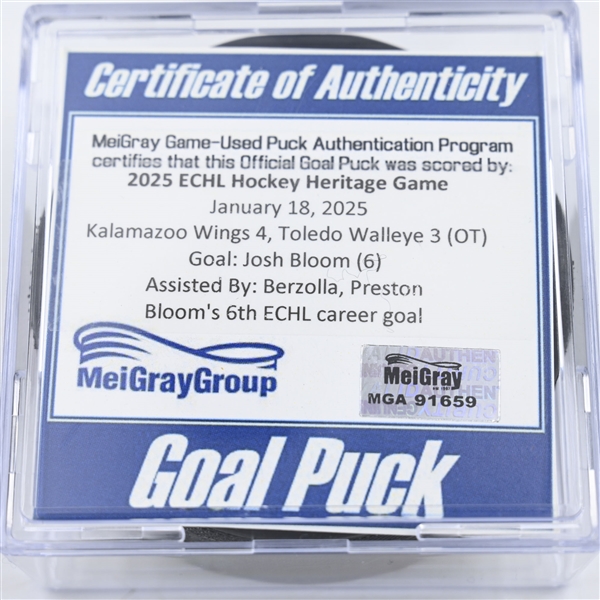Josh Bloom - Kalamazoo Wings - Goal Puck - 2025 Warrior/ECHL Hockey Heritage Classic - January 18, 2025 vs. Toledo Walleye (2025 Heritage Classic Logo)