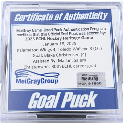 Blake Christensen - Kalamazoo Wings - Goal Puck - 2025 Warrior/ECHL Hockey Heritage Classic - January 18, 2025 vs. Toledo Walleye (2025 Heritage Classic Logo)