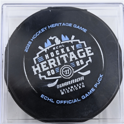 Darian Pilon - Toledo Walleye - Goal Puck - 2025 Warrior/ECHL Hockey Heritage Classic - January 18, 2025 vs. Kalamazoo K-Wings (2025 Heritage Classic Logo)