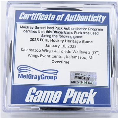 Game Puck - 2025 Warrior/ECHL Hockey Heritage Classic - January 18, 2025 vs. Toledo Walleye (2025 Heritage Classic Logo)