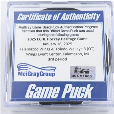 Game Puck - 2025 Warrior/ECHL Hockey Heritage Classic - January 18, 2025 vs. Toledo Walleye (2025 Heritage Classic Logo)