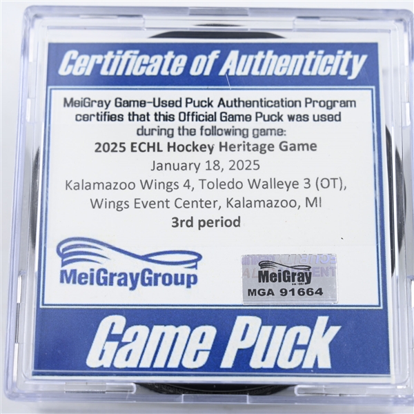 Game Puck - 2025 Warrior/ECHL Hockey Heritage Classic - January 18, 2025 vs. Toledo Walleye (2025 Heritage Classic Logo)