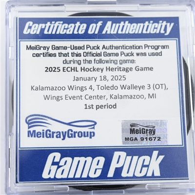 Game Puck - 2025 Warrior/ECHL Hockey Heritage Classic - January 18, 2025 vs. Toledo Walleye (2025 Heritage Classic Logo)