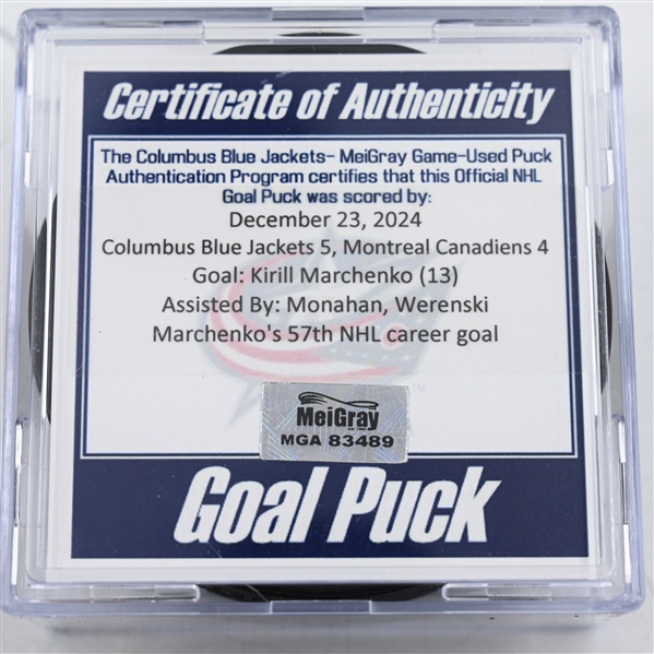 Kirill Marchenko - Columbus Blue Jackets - Goal Puck - December 23, 2024 vs. Montreal Canadiens (Blue Jackets Logo)