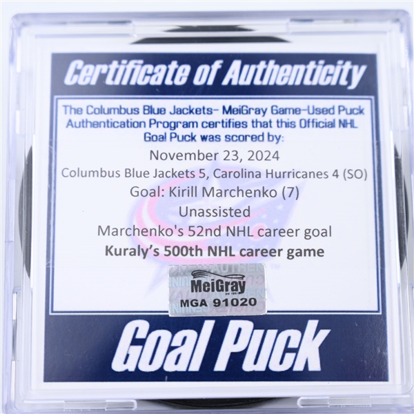 Kirill Marchenko - Columbus Blue Jackets - Goal Puck - November 23, 2024 vs. Carolina Hurricanes (Blue Jackets Logo)