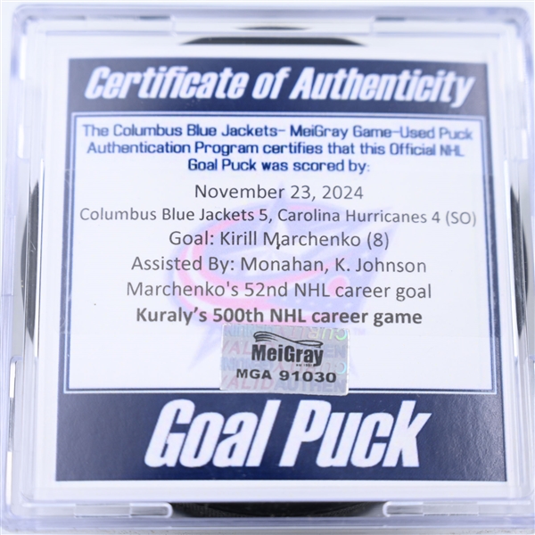 Kirill Marchenko - Columbus Blue Jackets - Goal Puck - November 23, 2024 vs. Carolina Hurricanes (Blue Jackets Logo)