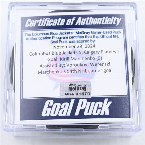 Kirill Marchenko - Columbus Blue Jackets - Goal Puck - November 29, 2024 vs. Calgary Flames (Blue Jackets Logo)