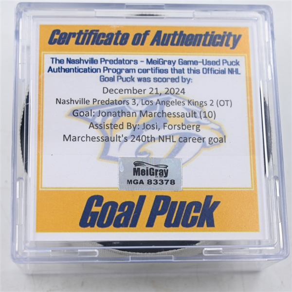 Jonathan Marchessault - Nashville Predators - Goal Puck - December 21, 2024 vs. Los Angeles Kings (Predators Logo)