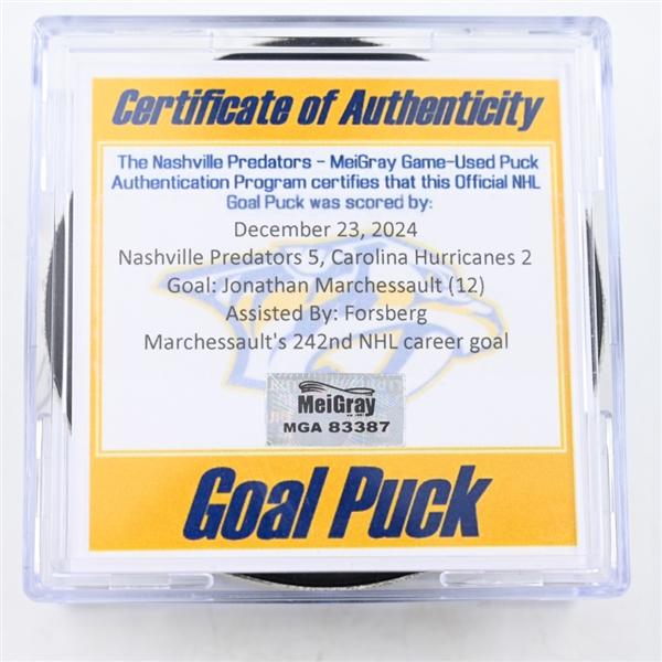 Jonathan Marchessault - Nashville Predators - Goal Puck - December 23, 2024 vs. Carolina Hurricanes (Predators Logo)