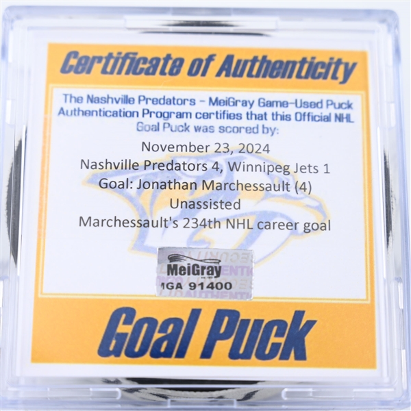 Jonathan Marchessault - Nashville Predators - Goal Puck - November 23, 2024 vs. Winnipeg Jets (Predators Logo)