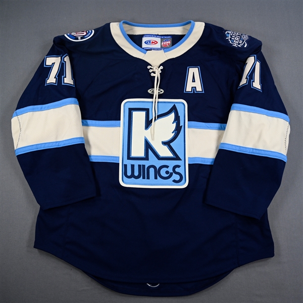 Jon Martin - Kalamazoo Wings - Game-Worn Navy Jersey - 2025 Warrior/ECHL Hockey Heritage Classic - Worn January 18, 2025 - 2nd Period, 3rd Period & Overtime - Autographed