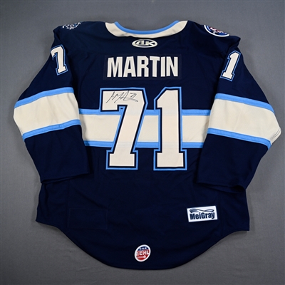 Jon Martin - Kalamazoo Wings - Game-Worn Navy Jersey - 2025 Warrior/ECHL Hockey Heritage Classic - Worn January 18, 2025 - 2nd Period, 3rd Period & Overtime - Autographed