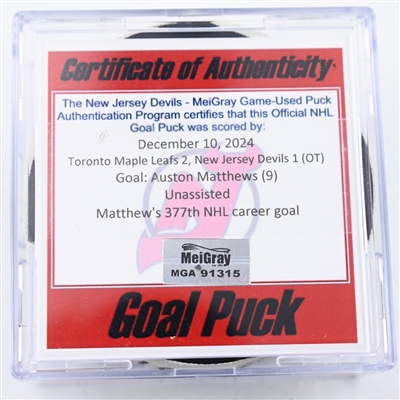 Auston Matthews - Toronto Maple Leafs - Goal Puck - December 10, 2024 vs. New Jersey Devils (Devils Logo)