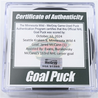 Jared McCann - Seattle Kraken - Goal Puck - October 12, 2024 vs. Minnesota Wild (Wild Logo)