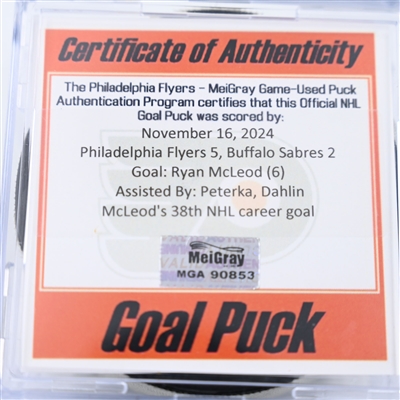 Ryan McLeod - Buffalo Sabres - Goal Puck - November 16, 2024 vs. Philadelphia Flyers (Flyers Logo)