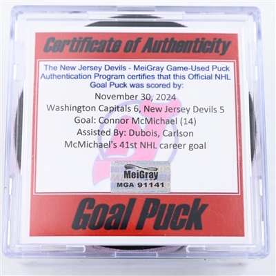 Connor McMichael - Washington Capitals - Goal Puck - November 30, 2024 vs. New Jersey Devils (Devils Logo)