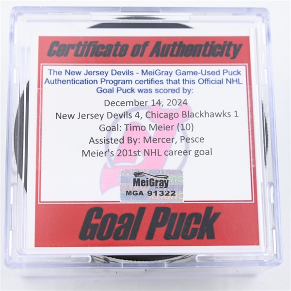 Timo Meier - New Jersey Devils - Goal Puck - December 14, 2024 vs. Chicago Blackhawks (Devils Logo)