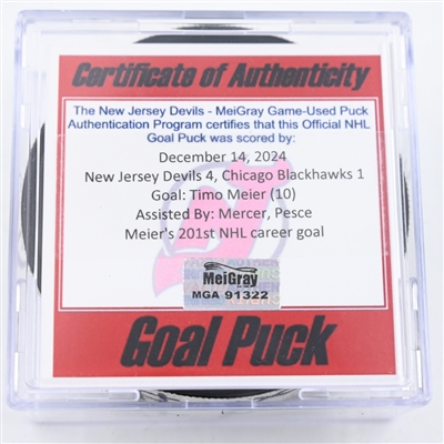 Timo Meier - New Jersey Devils - Goal Puck - December 14, 2024 vs. Chicago Blackhawks (Devils Logo)