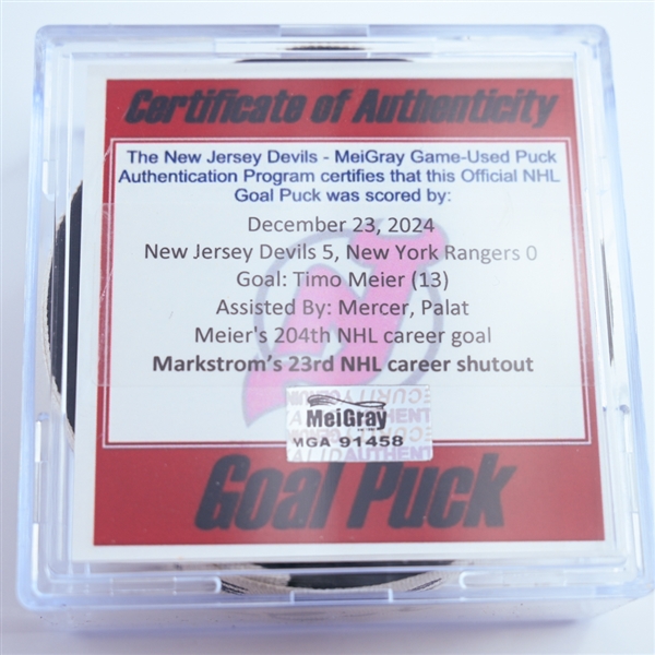 Timo Meier - New Jersey Devils - Goal Puck - December 23, 2024 vs. New York Rangers (Devils Logo)