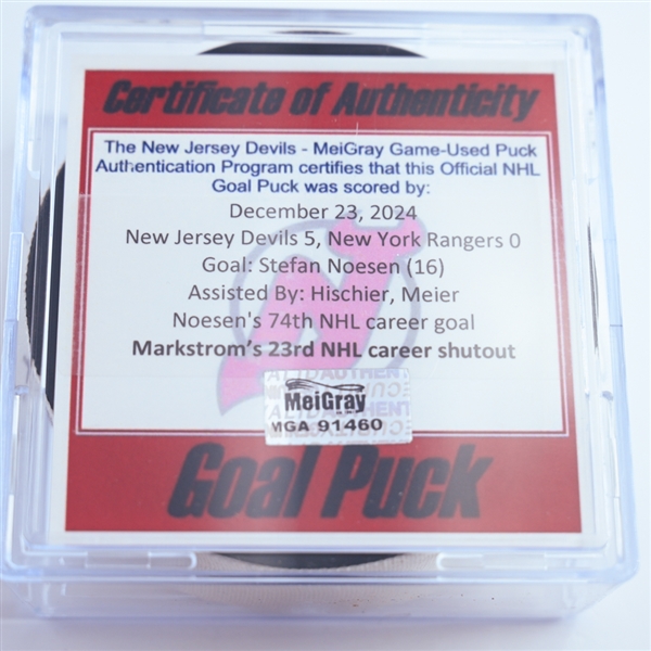 Stefan Noesen - New Jersey Devils - Goal Puck - December 23, 2024 vs. New York Rangers (Devils Logo)