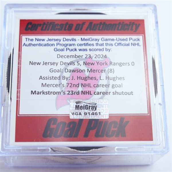 Dawson Mercer - New Jersey Devils - Goal Puck - December 23, 2024 vs. New York Rangers (Devils Logo)