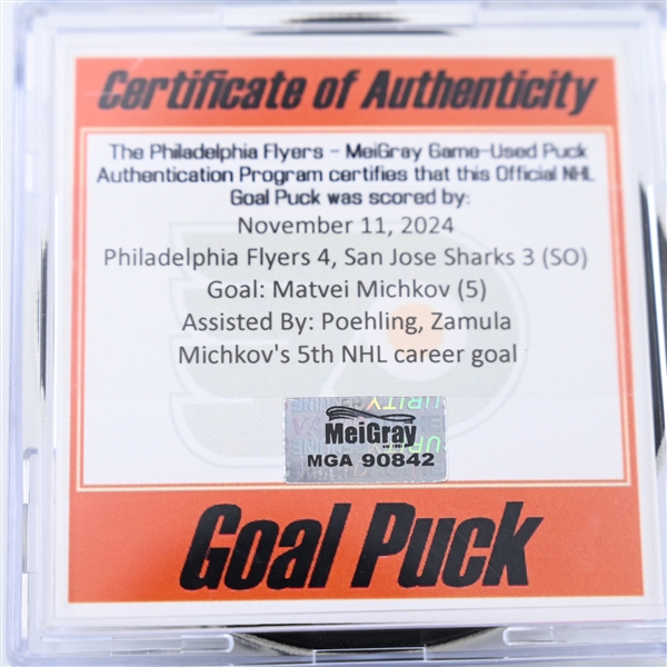 Matvei Michkov - Philadelphia Flyers - Goal Puck - November 11, 2024 vs. San Jose Sharks (Flyers Logo)