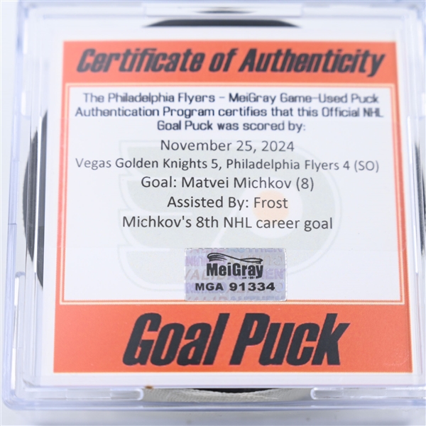 Matvei Michkov - Philadelphia Flyers - Goal Puck - November 25, 2024 vs. Vegas Golden Knights (Flyers Logo)