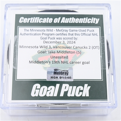 Jake Middleton - Minnesota Wild - Goal Puck - December 3, 2024 vs. Vancouver Canucks (Wild Logo)