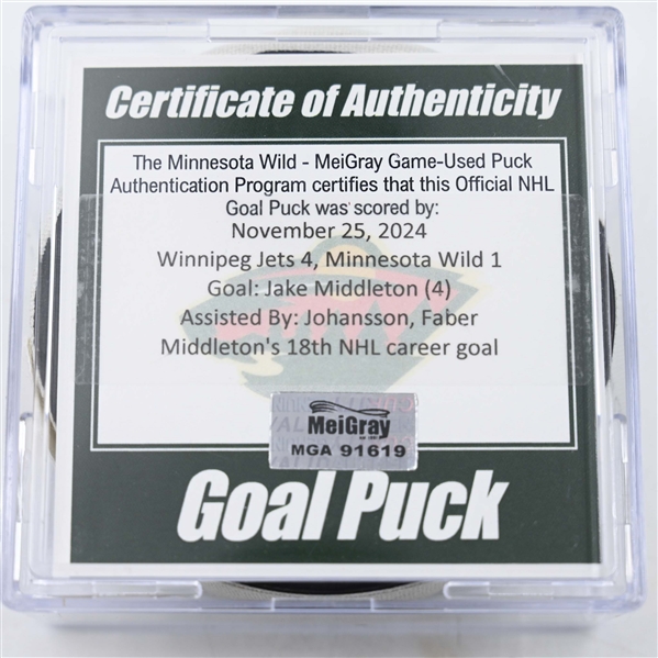 Jake Middleton - Minnesota Wild - Goal Puck - November 25, 2024 vs. Winnipeg Jets (Wild Logo)