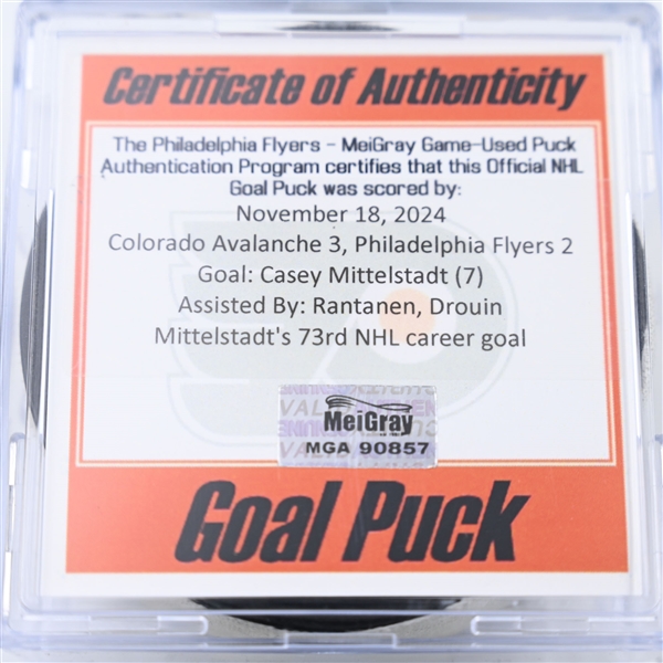 Casey Middelstadt - Colorado Avalanche - Goal Puck - November 18, 2024 vs. Philadelphia Flyers (Flyers Logo)