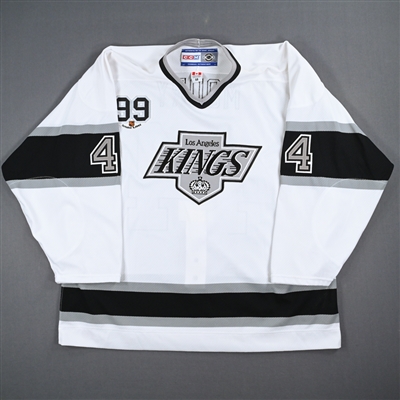 Jaroslav Modry - Game-Worn White Throwback Jersey w/ Wayne Gretzky #99 Retirement Night Patch - 10/9/02 - 3rd Period