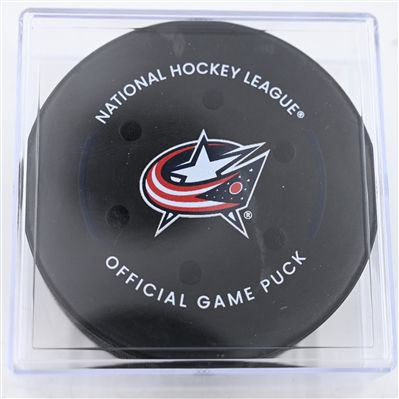 Sean Monahan - Columbus Blue Jackets - Goal Puck - December 19, 2024 vs. New Jersey Devils (Blue Jackets Logo)