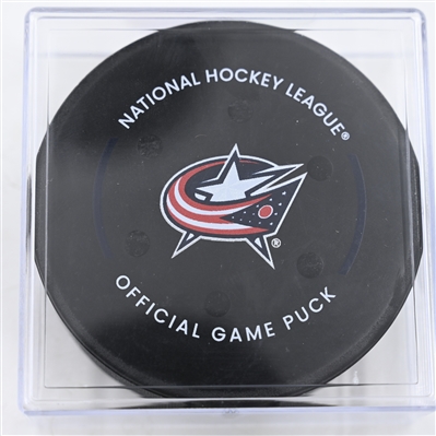 Sean Monahan - Columbus Blue Jackets - Goal Puck - December 19, 2024 vs. New Jersey Devils (Blue Jackets Logo)