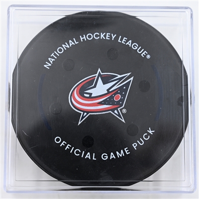 Sean Monahan - Columbus Blue Jackets - Goal Puck - December 27, 2024 vs. Boston Bruins (Blue Jackets Logo)