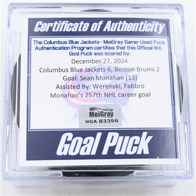 Sean Monahan - Columbus Blue Jackets - Goal Puck - December 27, 2024 vs. Boston Bruins (Blue Jackets Logo)