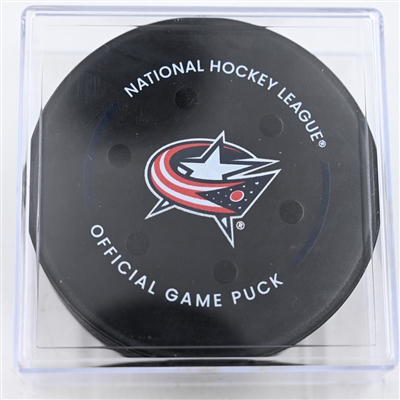 Sean Monahan - Columbus Blue Jackets - Goal Puck - December 27, 2024 vs. Boston Bruins (Blue Jackets Logo)