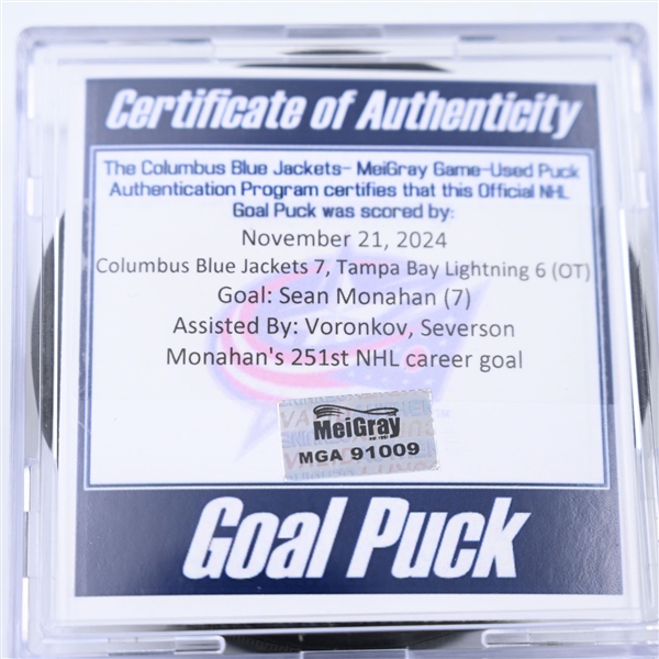 Sean Monahan - Columbus Blue Jackets - Goal Puck - November 21, 2024 vs. Tampa Bay Lightning (Blue Jackets Logo)